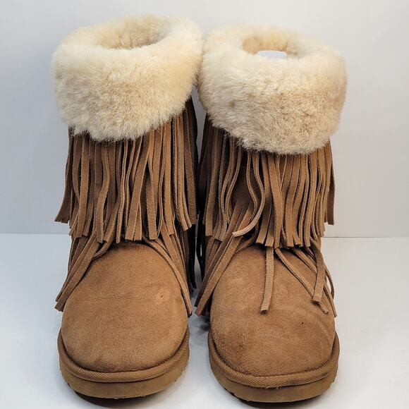Koolaburra UGG 8M Haley Shearling Fringe Boots Tan Sheepskin Suede Winter Boho - Picture 4 of 11